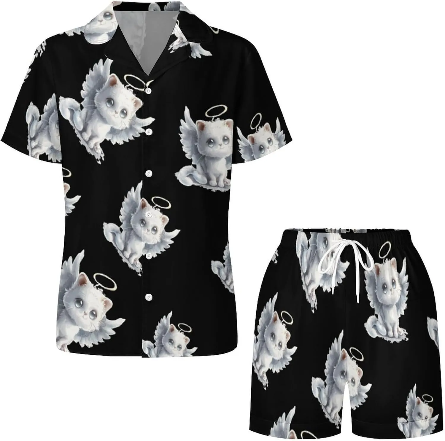 Cat Angel Wings Women's Satin Pajama Set Short Sleeve Button Down Sleepwear Loungewear Pj Set