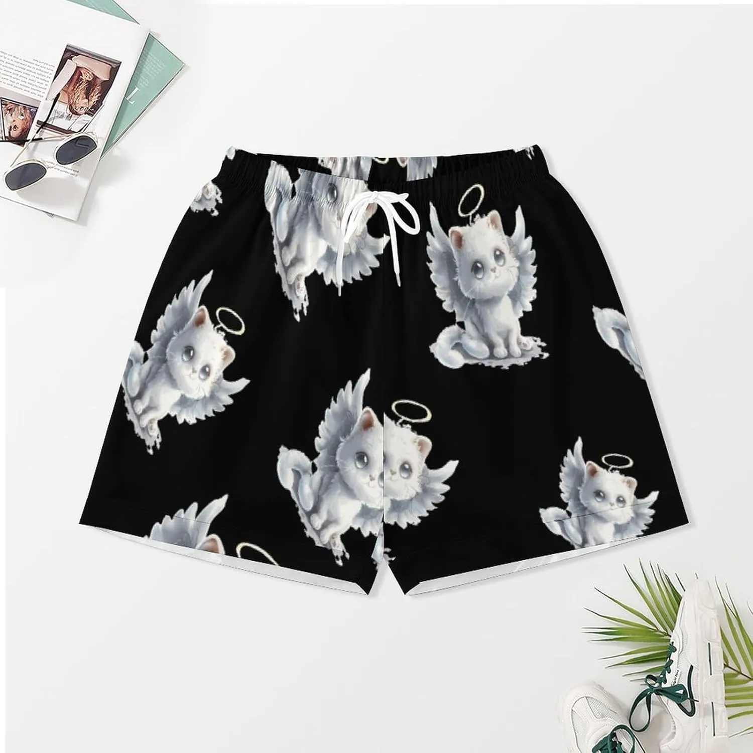 Cat Angel Wings Women's Satin Pajama Set Short Sleeve Button Down Sleepwear Loungewear Pj Set