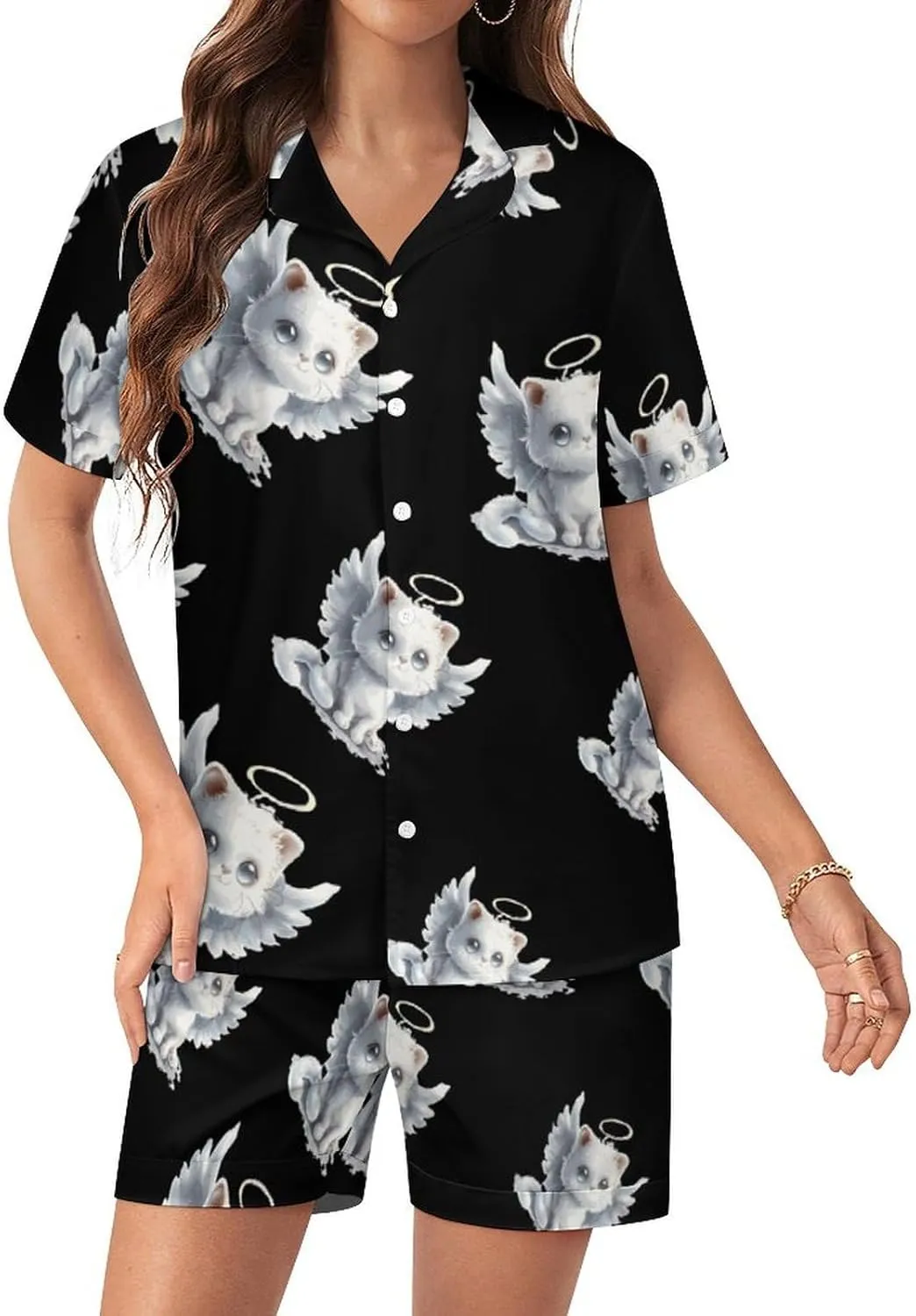 Cat Angel Wings Women's Satin Pajama Set Short Sleeve Button Down Sleepwear Loungewear Pj Set