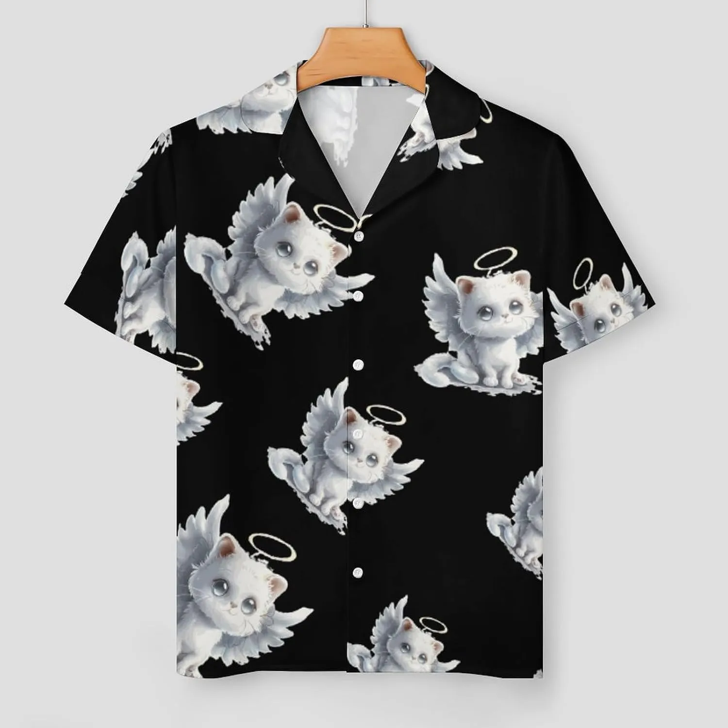 Cat Angel Wings Women's Satin Pajama Set Short Sleeve Button Down Sleepwear Loungewear Pj Set