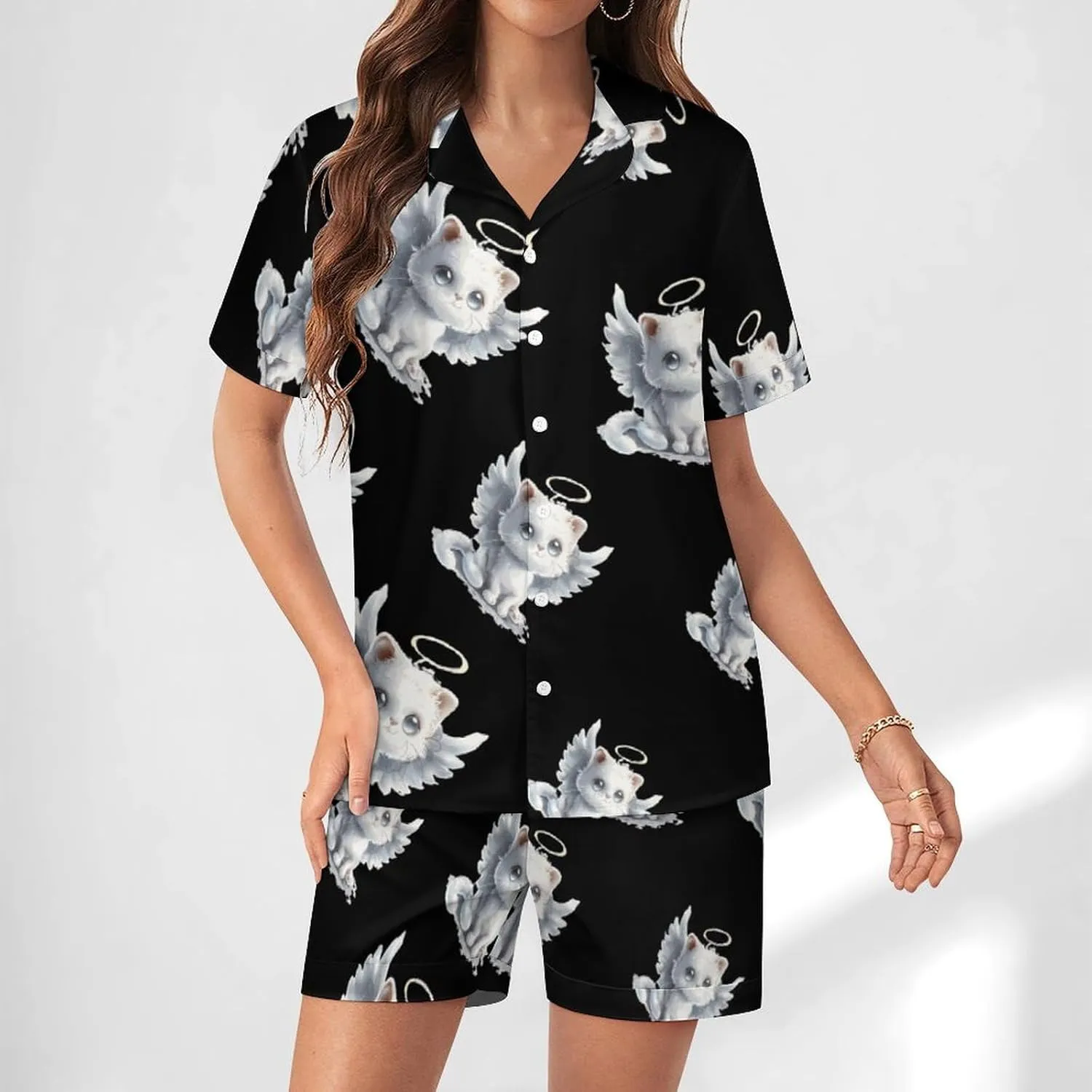 Cat Angel Wings Women's Satin Pajama Set Short Sleeve Button Down Sleepwear Loungewear Pj Set