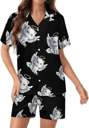 Cat Angel Wings Women's Satin Pajama Set Short Sleeve Button Down Sleepwear Loungewear Pj Set