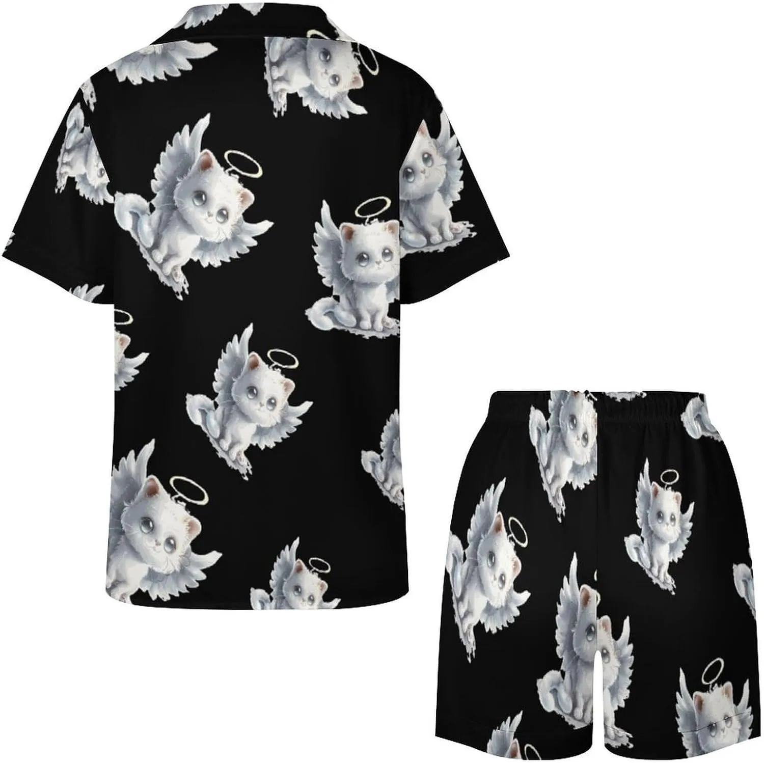 Cat Angel Wings Women's Satin Pajama Set Short Sleeve Button Down Sleepwear Loungewear Pj Set