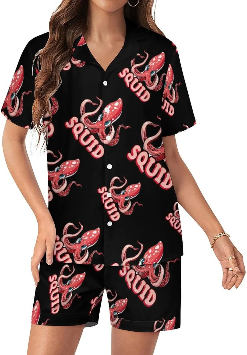 Cephalopod Squid Women's Satin Pajama Set Short Sleeve Button Down Sleepwear Loungewear Pj Set
