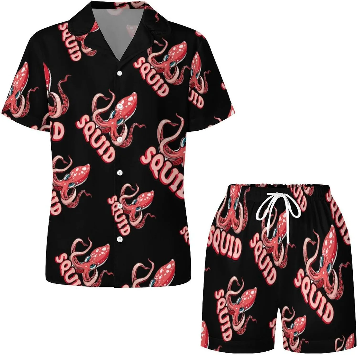 Cephalopod Squid Women's Satin Pajama Set Short Sleeve Button Down Sleepwear Loungewear Pj Set