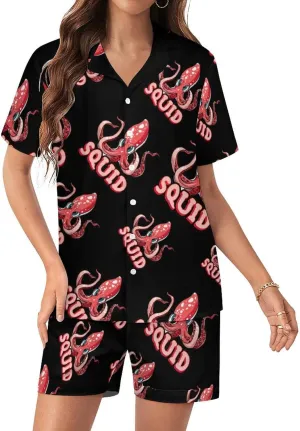 Cephalopod Squid Women's Satin Pajama Set Short Sleeve Button Down Sleepwear Loungewear Pj Set