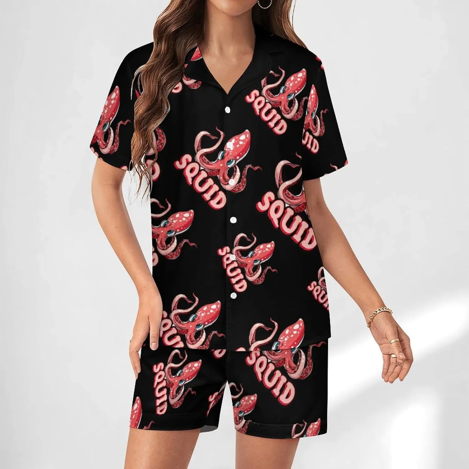 Cephalopod Squid Women's Satin Pajama Set Short Sleeve Button Down Sleepwear Loungewear Pj Set
