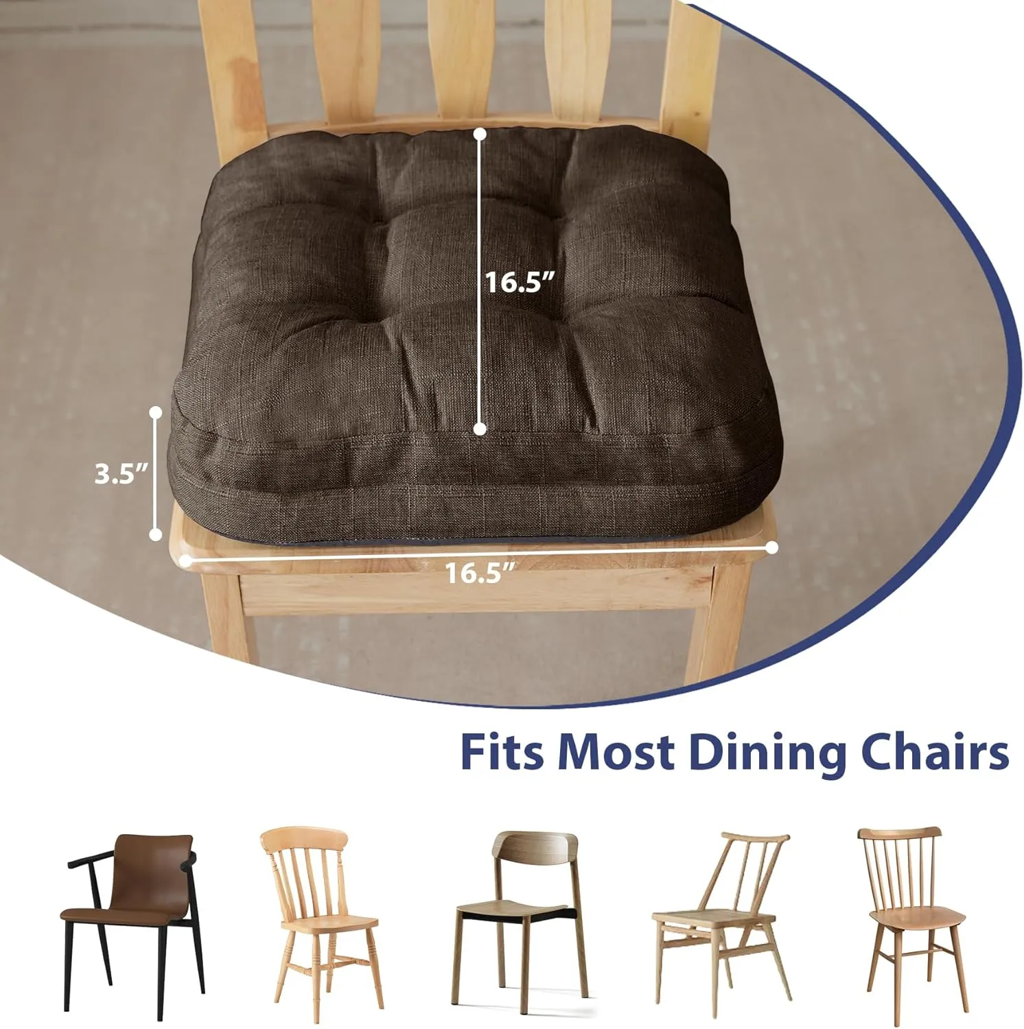 Chair Cushions for Dining Chairs, Dining Chair Cushions, Tufted Indoor Chair Pads with Ties & Non Slip Backing, Seat Cushions for Kitchen Chairs 16.5” x 16.5” x 3.5”, Set of 4, Brown