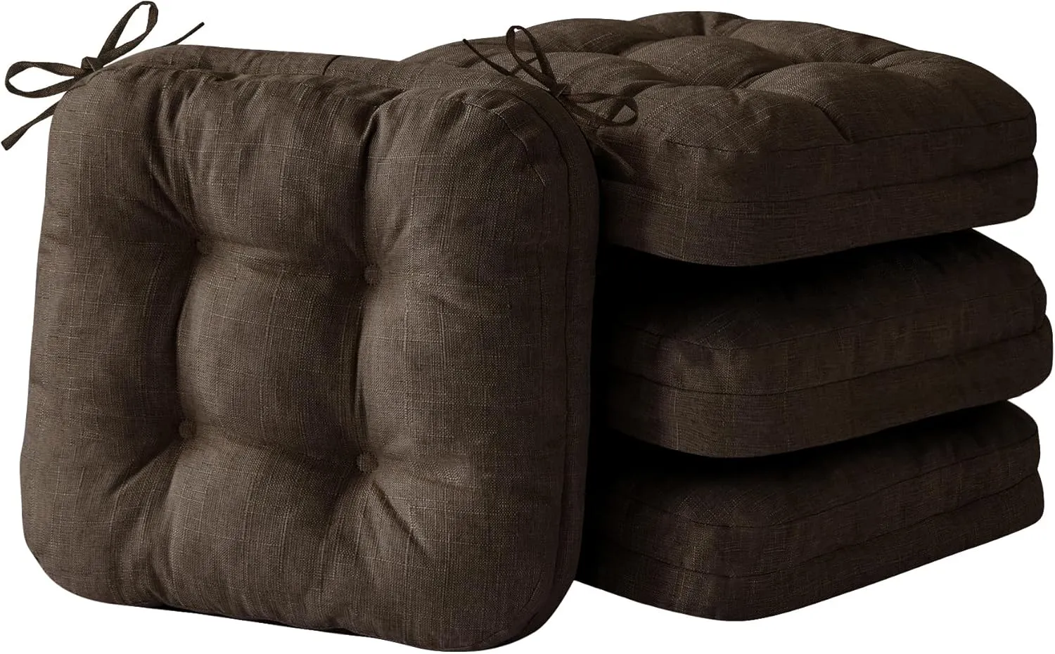 Chair Cushions for Dining Chairs, Dining Chair Cushions, Tufted Indoor Chair Pads with Ties & Non Slip Backing, Seat Cushions for Kitchen Chairs 16.5” x 16.5” x 3.5”, Set of 4, Brown