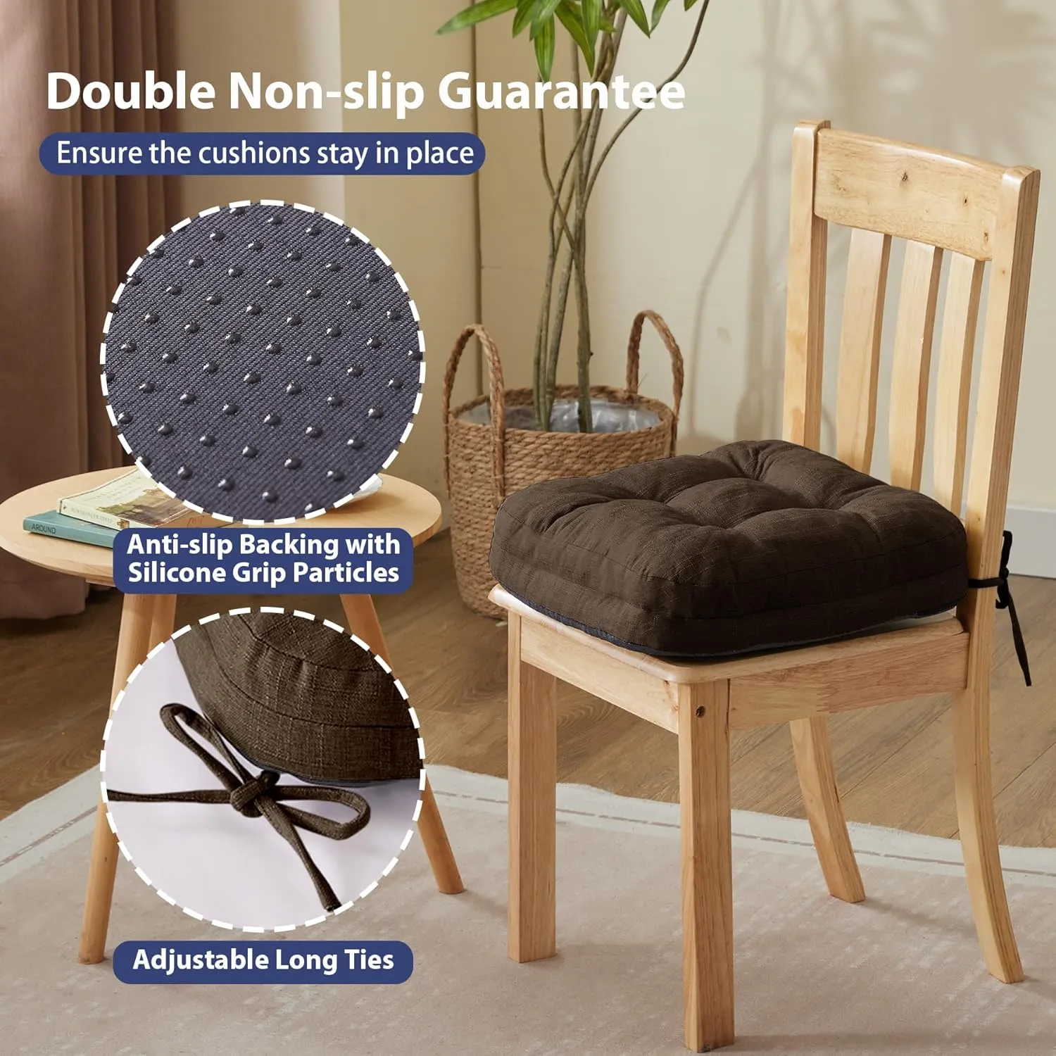 Chair Cushions for Dining Chairs, Dining Chair Cushions, Tufted Indoor Chair Pads with Ties & Non Slip Backing, Seat Cushions for Kitchen Chairs 16.5” x 16.5” x 3.5”, Set of 4, Brown