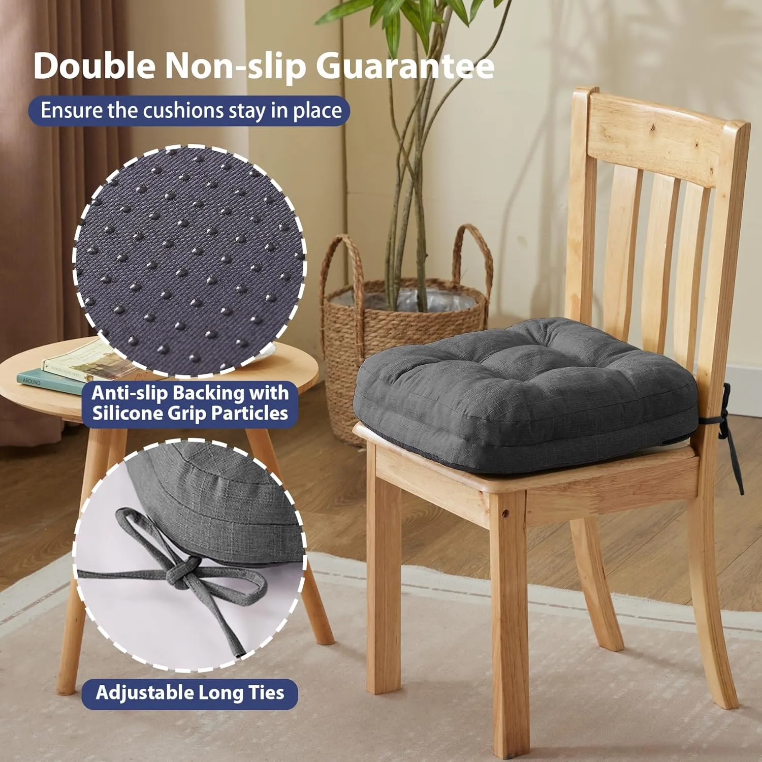 Chair Cushions for Dining Chairs, Dining Chair Cushions, Tufted Indoor Chair Pads with Ties & Non Slip Backing, Seat Cushions for Kitchen Chairs 16.5” x 16.5” x 3.5”, Set of 4, Grey