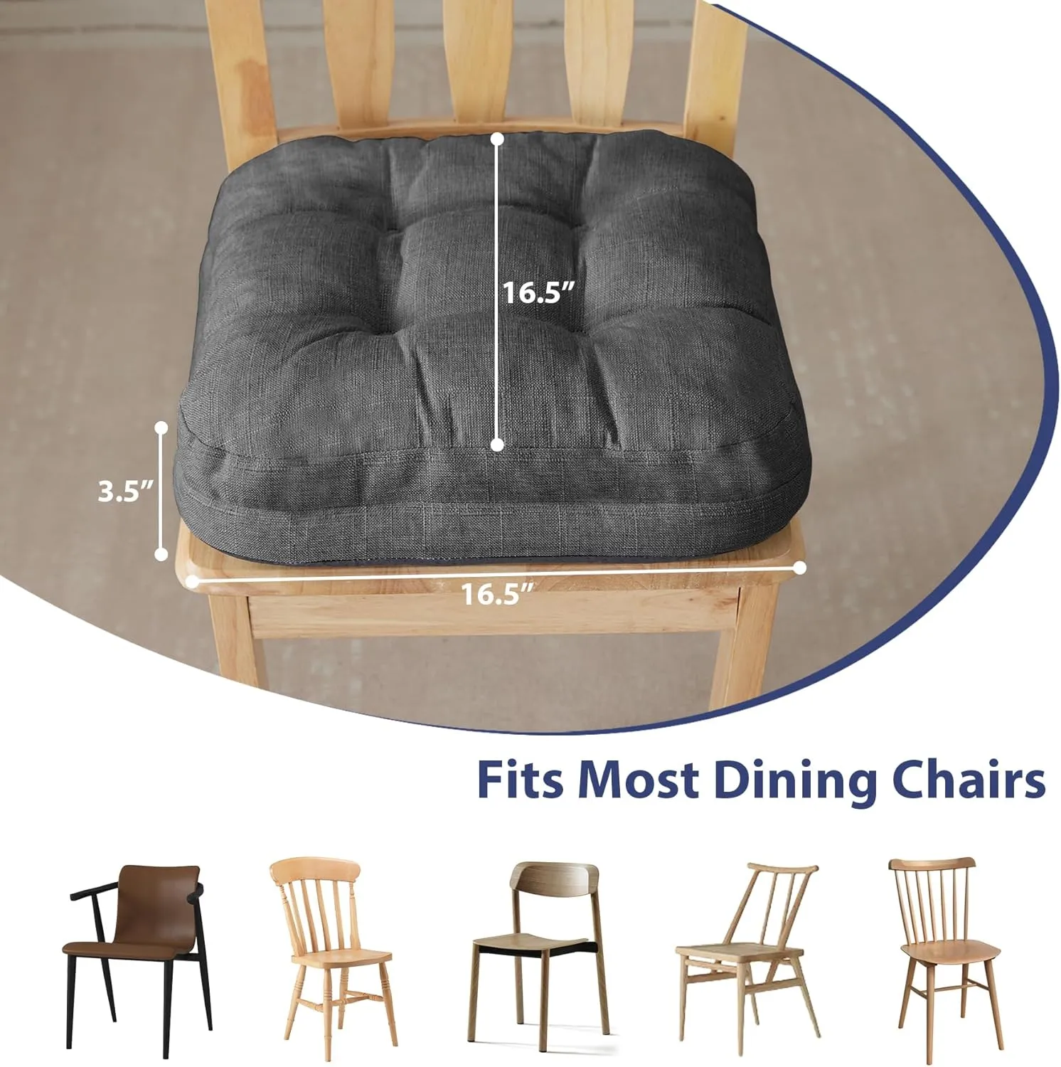 Chair Cushions for Dining Chairs, Dining Chair Cushions, Tufted Indoor Chair Pads with Ties & Non Slip Backing, Seat Cushions for Kitchen Chairs 16.5” x 16.5” x 3.5”, Set of 4, Grey