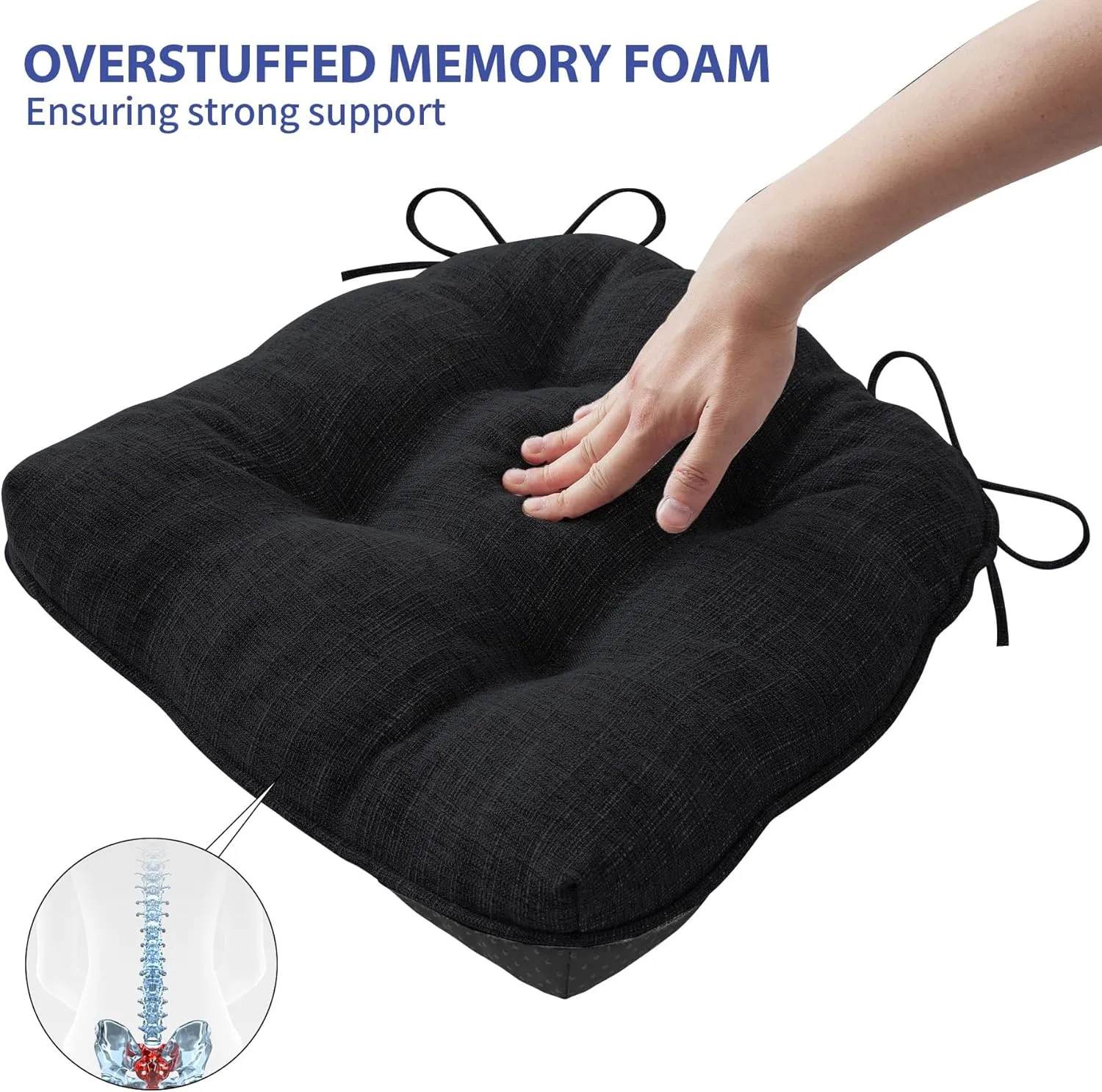 Chair Cushions for Dining Chairs Set of 4, Kitchen Chair Cushions, Chair Pads with Ties and Non Slip Backing, Tufted Memory Foam Seat Cushion 4 Pack, 15.5" x 15.5" x 4", Black