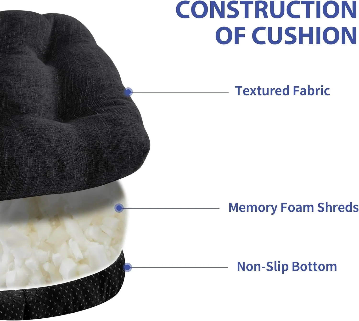 Chair Cushions for Dining Chairs Set of 4, Kitchen Chair Cushions, Chair Pads with Ties and Non Slip Backing, Tufted Memory Foam Seat Cushion 4 Pack, 15.5" x 15.5" x 4", Black