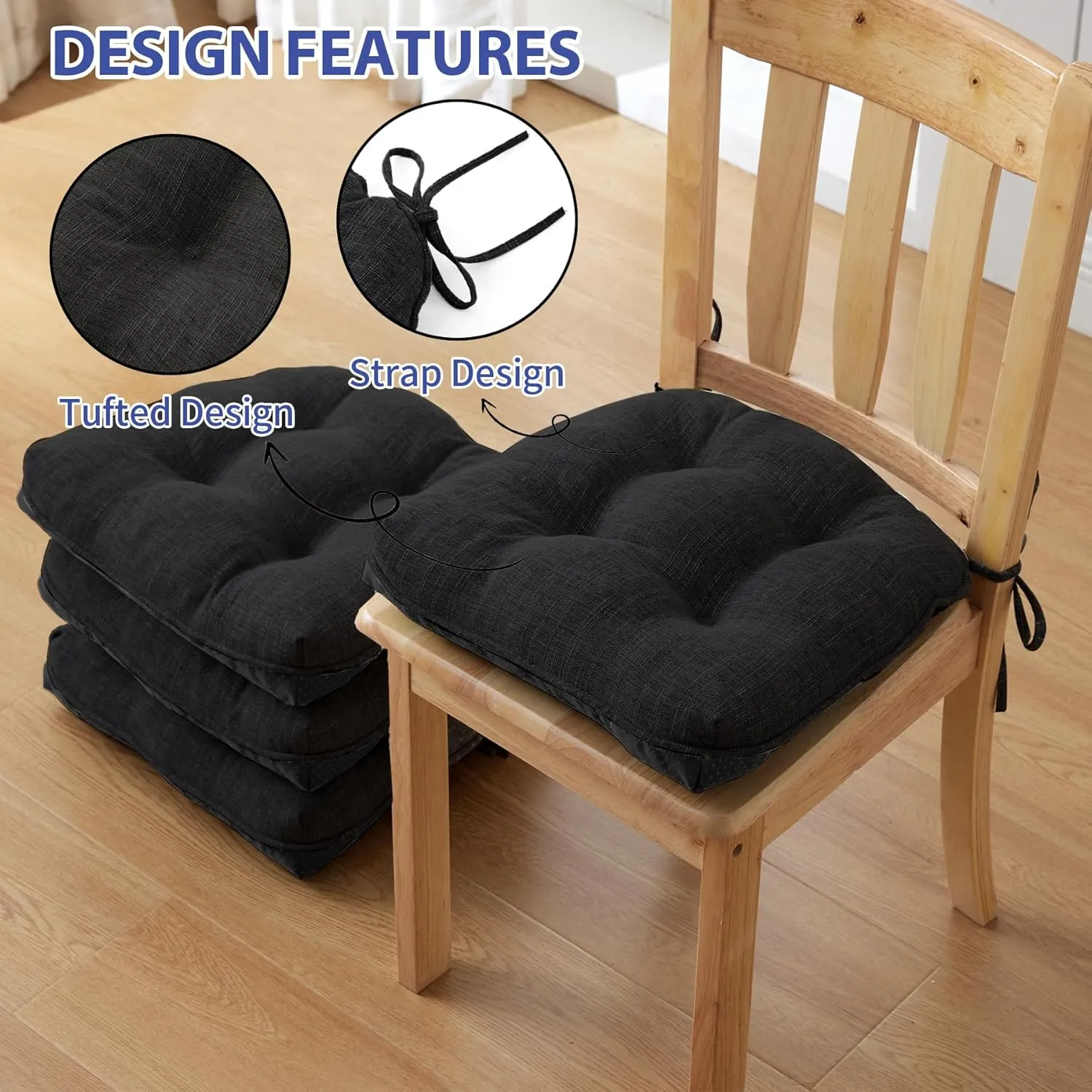 Chair Cushions for Dining Chairs Set of 4, Kitchen Chair Cushions, Chair Pads with Ties and Non Slip Backing, Tufted Memory Foam Seat Cushion 4 Pack, 15.5" x 15.5" x 4", Black