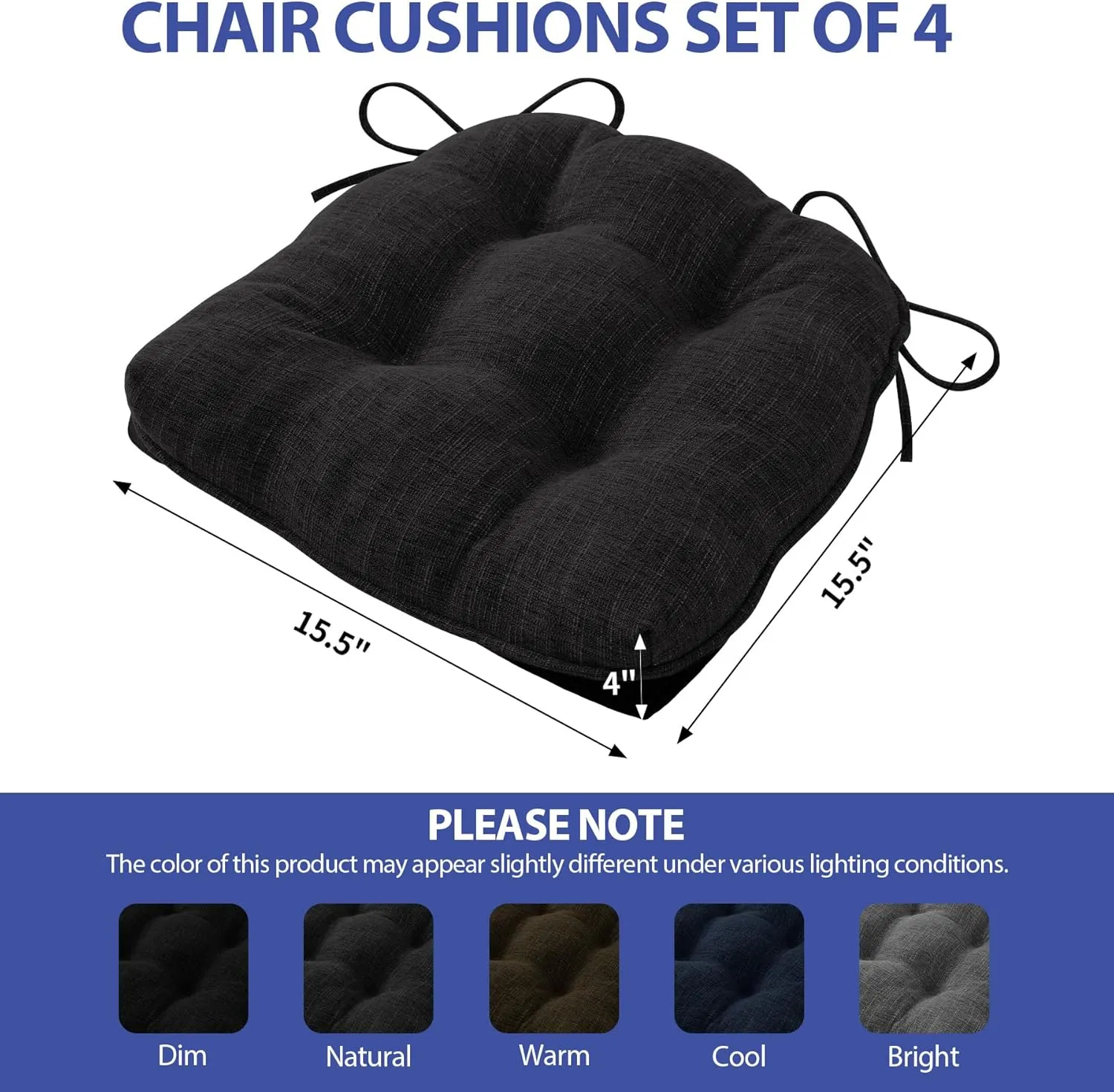 Chair Cushions for Dining Chairs Set of 4, Kitchen Chair Cushions, Chair Pads with Ties and Non Slip Backing, Tufted Memory Foam Seat Cushion 4 Pack, 15.5" x 15.5" x 4", Black
