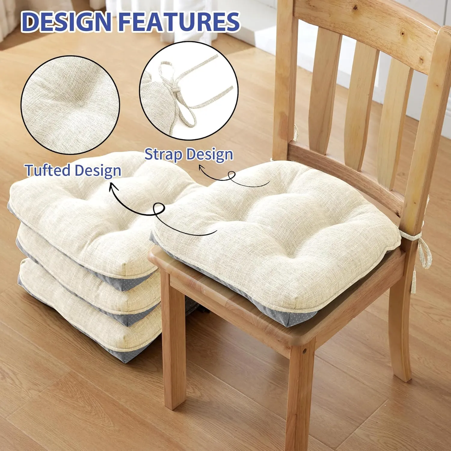 Chair Cushions for Dining Chairs Set of 4, Kitchen Chair Cushions, Chair Pads with Ties and Non Slip Backing, Tufted Memory Foam Seat Cushion 4 Pack, 15.5" x 15.5" x 4", Cream