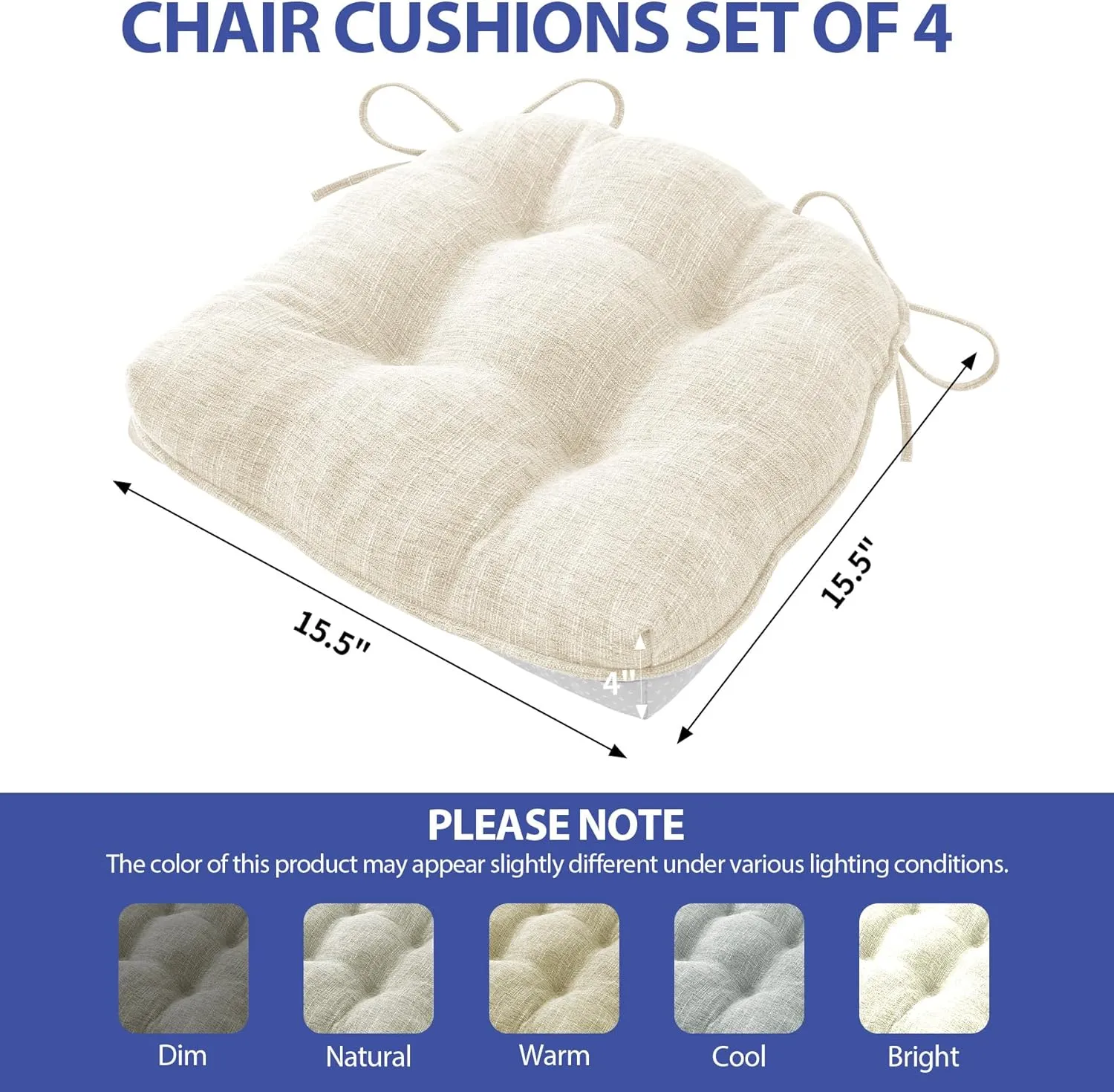 Chair Cushions for Dining Chairs Set of 4, Kitchen Chair Cushions, Chair Pads with Ties and Non Slip Backing, Tufted Memory Foam Seat Cushion 4 Pack, 15.5" x 15.5" x 4", Cream