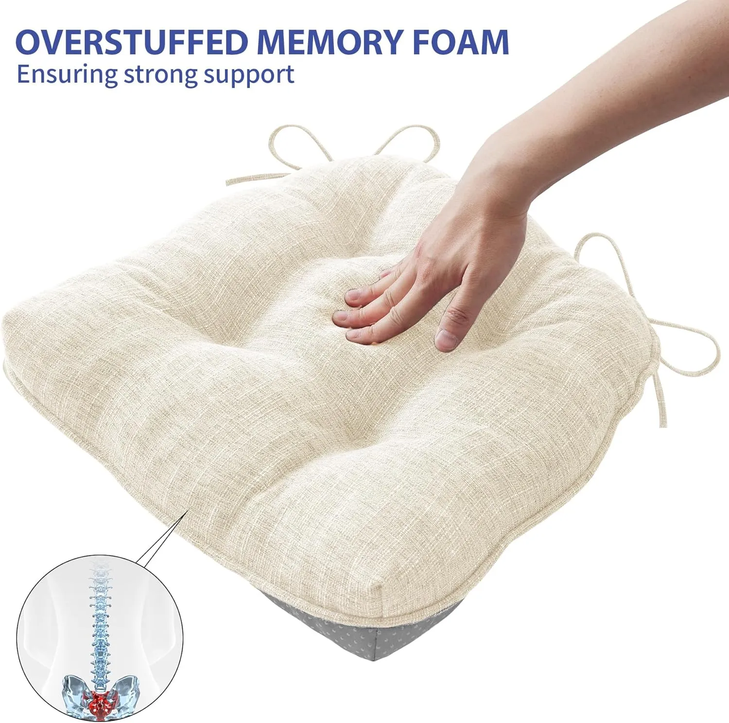 Chair Cushions for Dining Chairs Set of 4, Kitchen Chair Cushions, Chair Pads with Ties and Non Slip Backing, Tufted Memory Foam Seat Cushion 4 Pack, 15.5" x 15.5" x 4", Cream