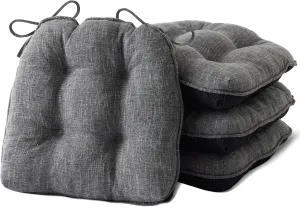 Chair Cushions for Dining Chairs Set of 4, Kitchen Chair Cushions, Chair Pads with Ties and Non Slip Backing, Tufted Memory Foam Seat Cushion 4 Pack, 15.5" x 15.5" x 4", Dark Grey