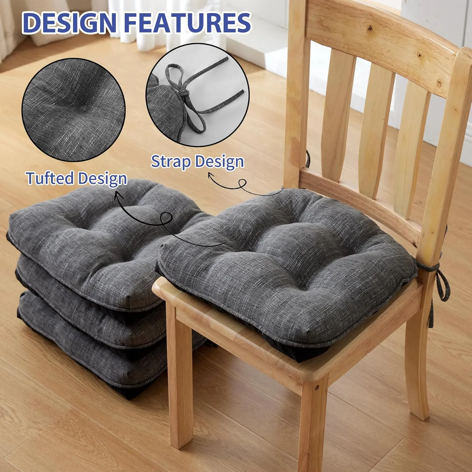 Chair Cushions for Dining Chairs Set of 4, Kitchen Chair Cushions, Chair Pads with Ties and Non Slip Backing, Tufted Memory Foam Seat Cushion 4 Pack, 15.5" x 15.5" x 4", Dark Grey