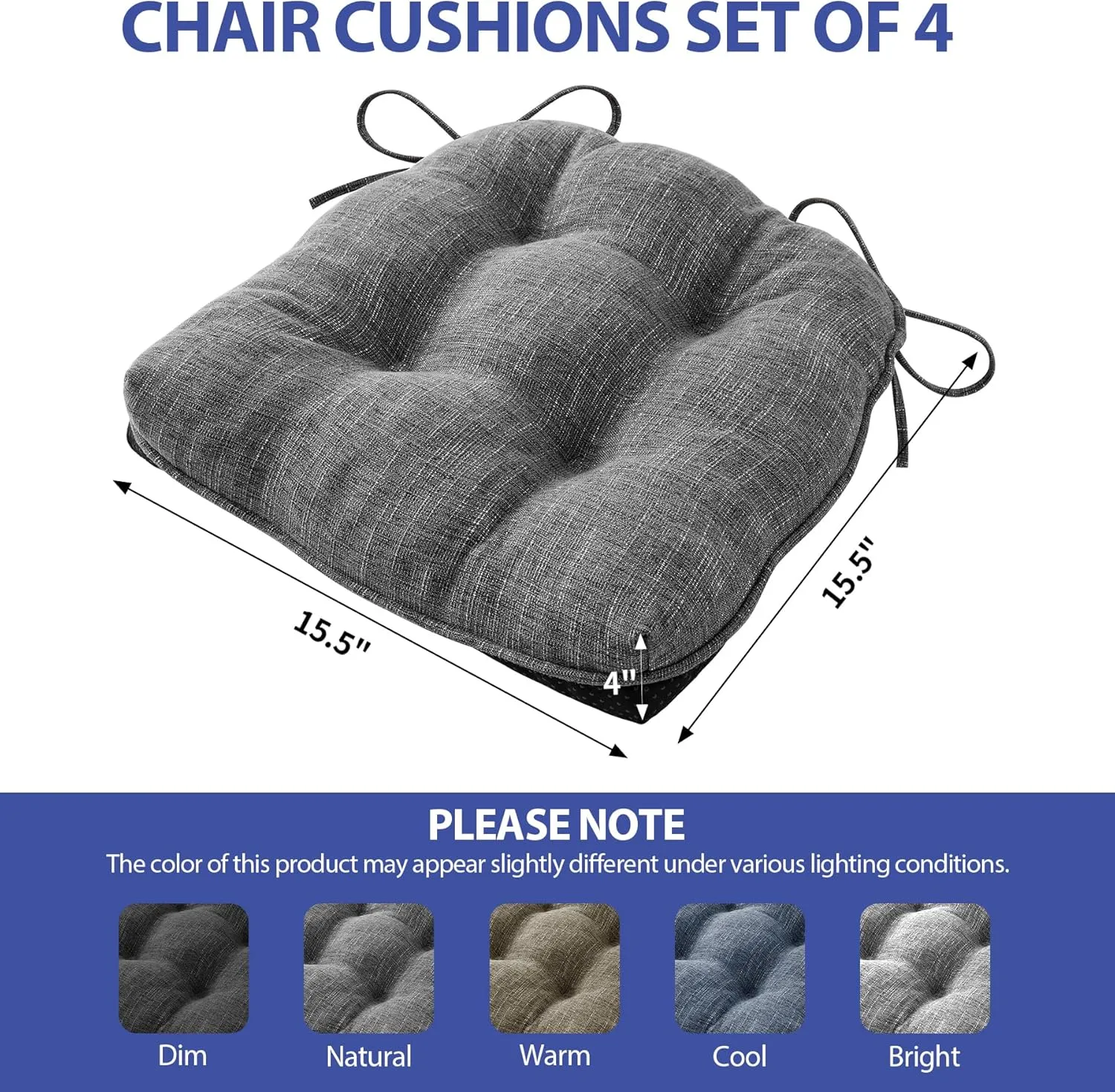Chair Cushions for Dining Chairs Set of 4, Kitchen Chair Cushions, Chair Pads with Ties and Non Slip Backing, Tufted Memory Foam Seat Cushion 4 Pack, 15.5" x 15.5" x 4", Dark Grey