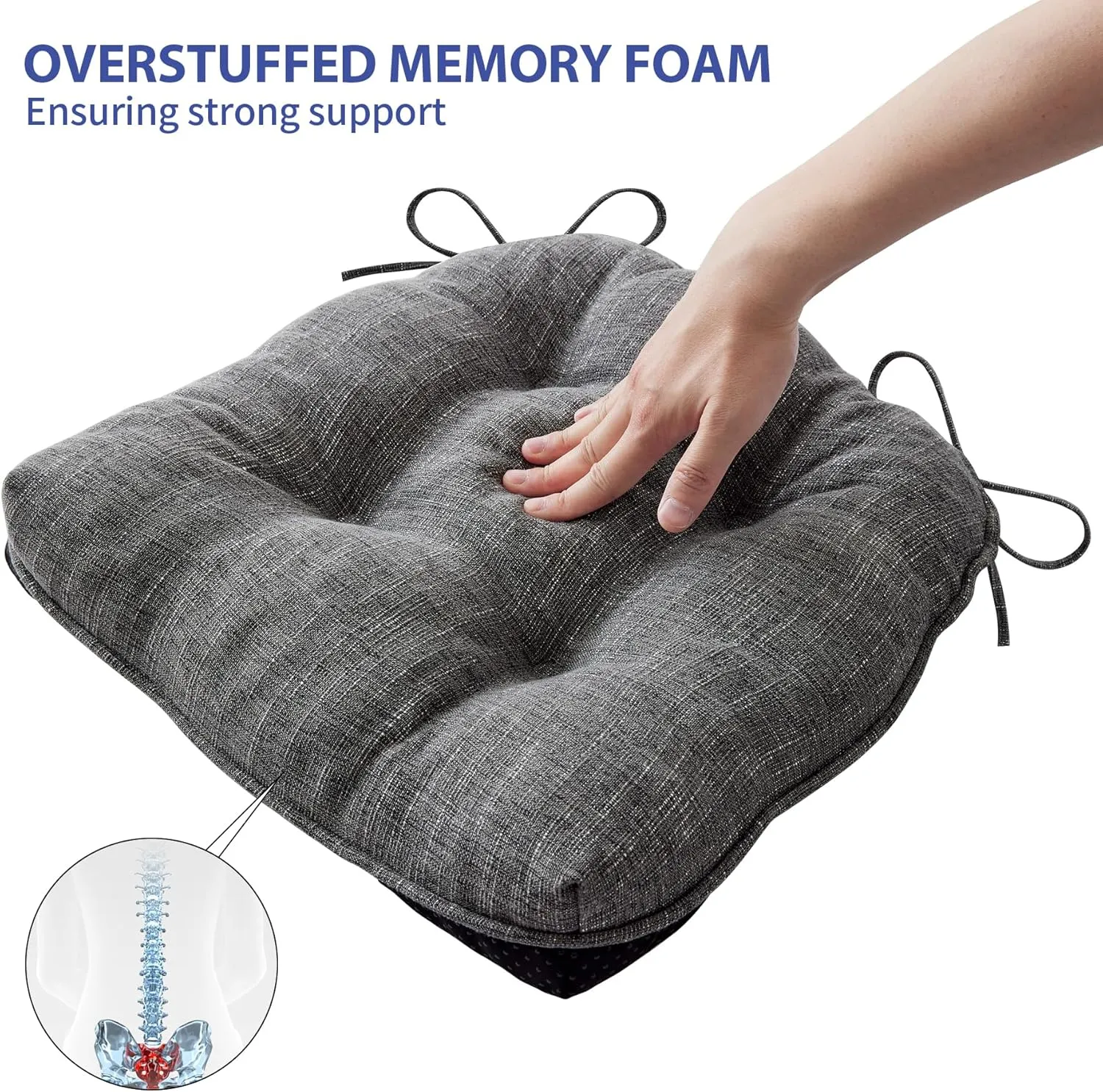Chair Cushions for Dining Chairs Set of 4, Kitchen Chair Cushions, Chair Pads with Ties and Non Slip Backing, Tufted Memory Foam Seat Cushion 4 Pack, 15.5" x 15.5" x 4", Dark Grey