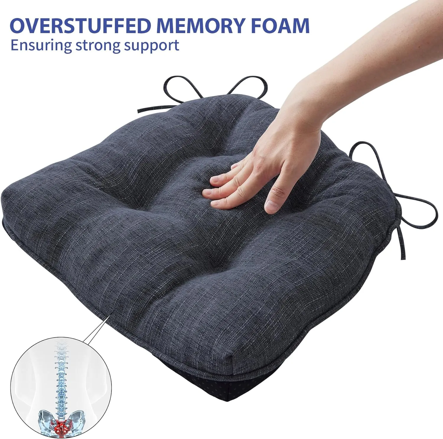 Chair Cushions for Dining Chairs Set of 4, Kitchen Chair Cushions, Chair Pads with Ties and Non Slip Backing, Tufted Memory Foam Seat Cushion 4 Pack, 15.5" x 15.5" x 4", Navy