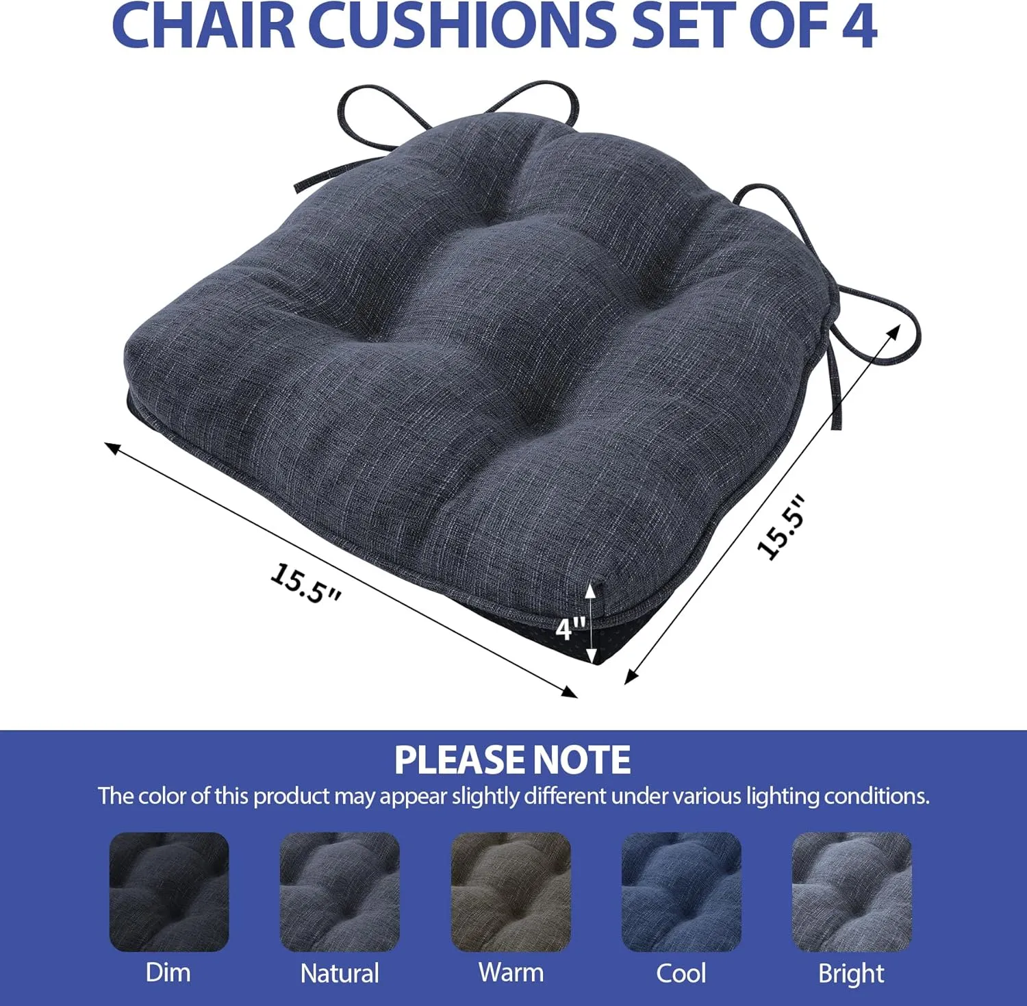 Chair Cushions for Dining Chairs Set of 4, Kitchen Chair Cushions, Chair Pads with Ties and Non Slip Backing, Tufted Memory Foam Seat Cushion 4 Pack, 15.5" x 15.5" x 4", Navy