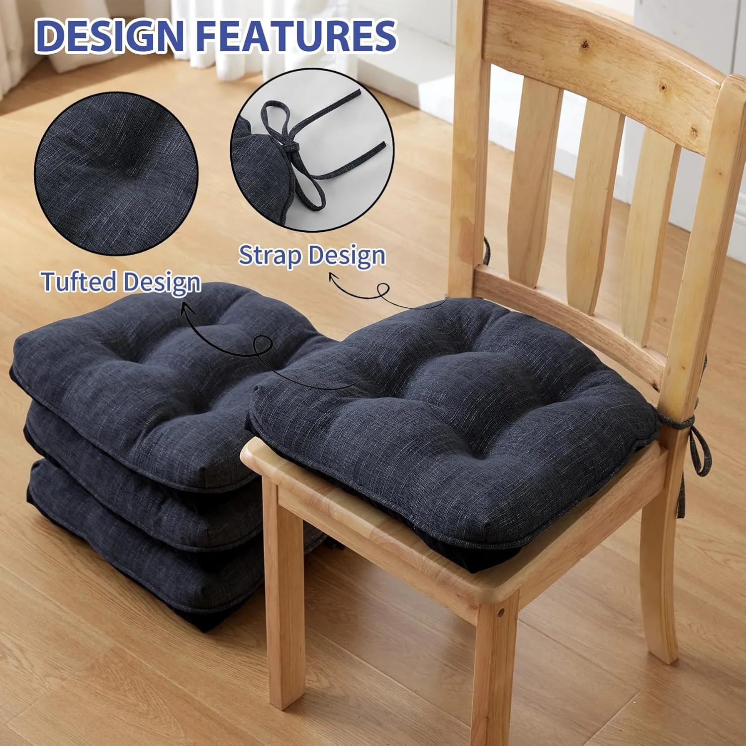 Chair Cushions for Dining Chairs Set of 4, Kitchen Chair Cushions, Chair Pads with Ties and Non Slip Backing, Tufted Memory Foam Seat Cushion 4 Pack, 15.5" x 15.5" x 4", Navy