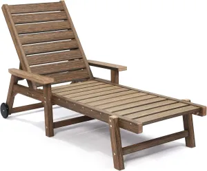 Chaise Lounge Chairs for Outside, HDPE Outdoor Lounge Chairs with Adjustable Backrest, Wheels, Armrest, All Weather Poly Lumber Recliner for Patio, Poolside, Porch (Light Brown)