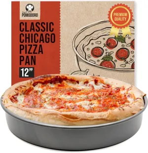Chef Pomodoro Chicago Deep Dish Pizza Pan 12 Inch, Hard Anodized Aluminum Pizza Pan for Oven, Pre-Seasoned Bakeware Kitchenware, Non-Stick Round Pizza Pans (12-Inch)