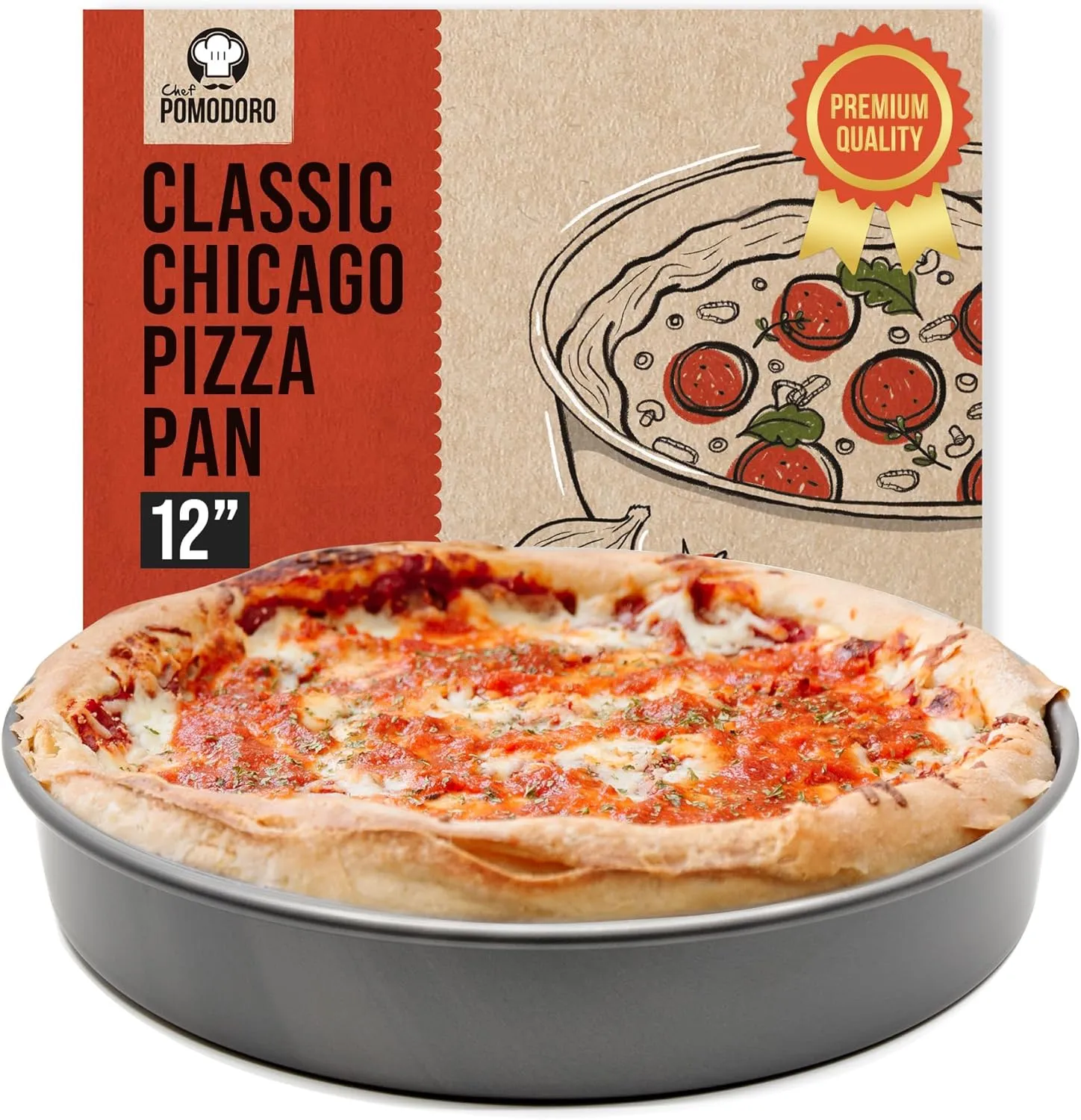 Chef Pomodoro Chicago Deep Dish Pizza Pan 12 Inch, Hard Anodized Aluminum Pizza Pan for Oven, Pre-Seasoned Bakeware Kitchenware, Non-Stick Round Pizza Pans (12-Inch)