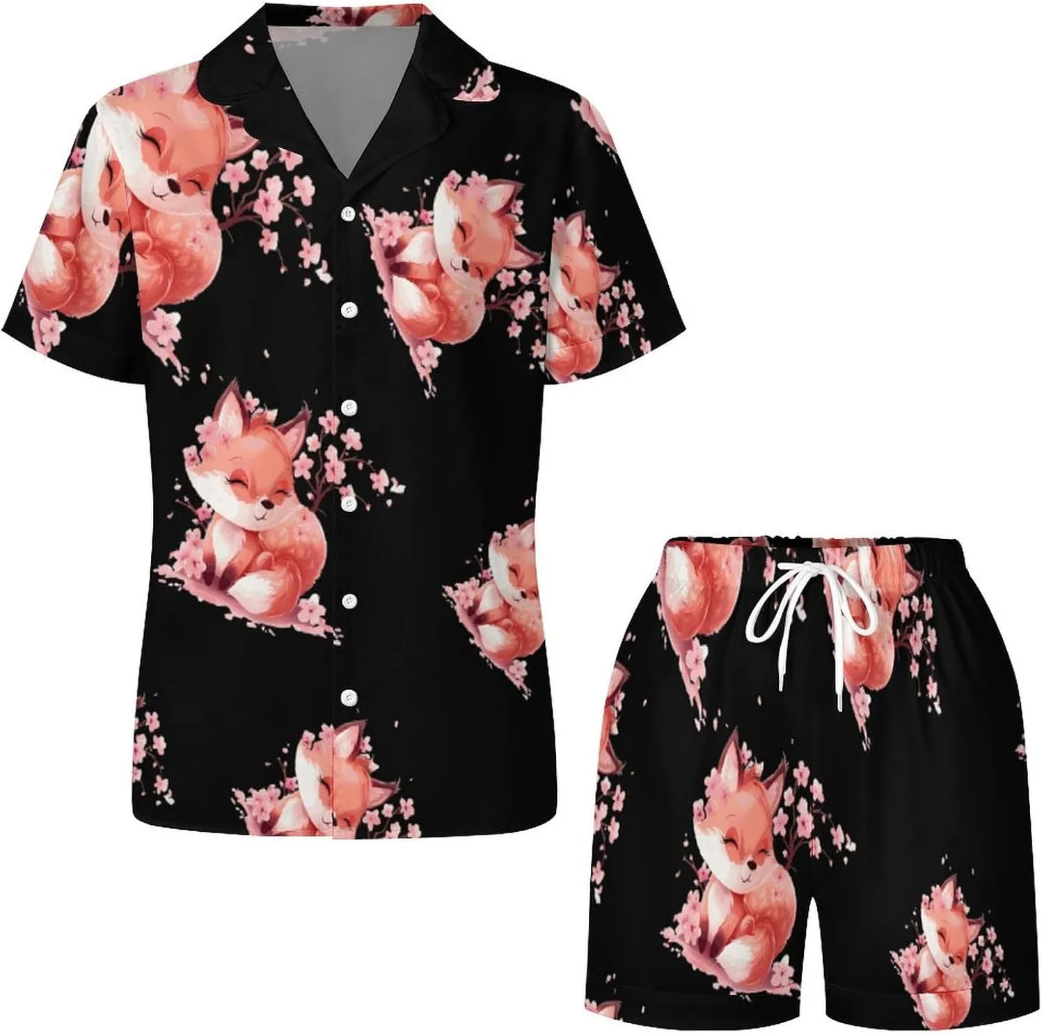 Cherry Flowers Fox Women's Satin Pajama Set Short Sleeve Button Down Sleepwear Loungewear Pj Set