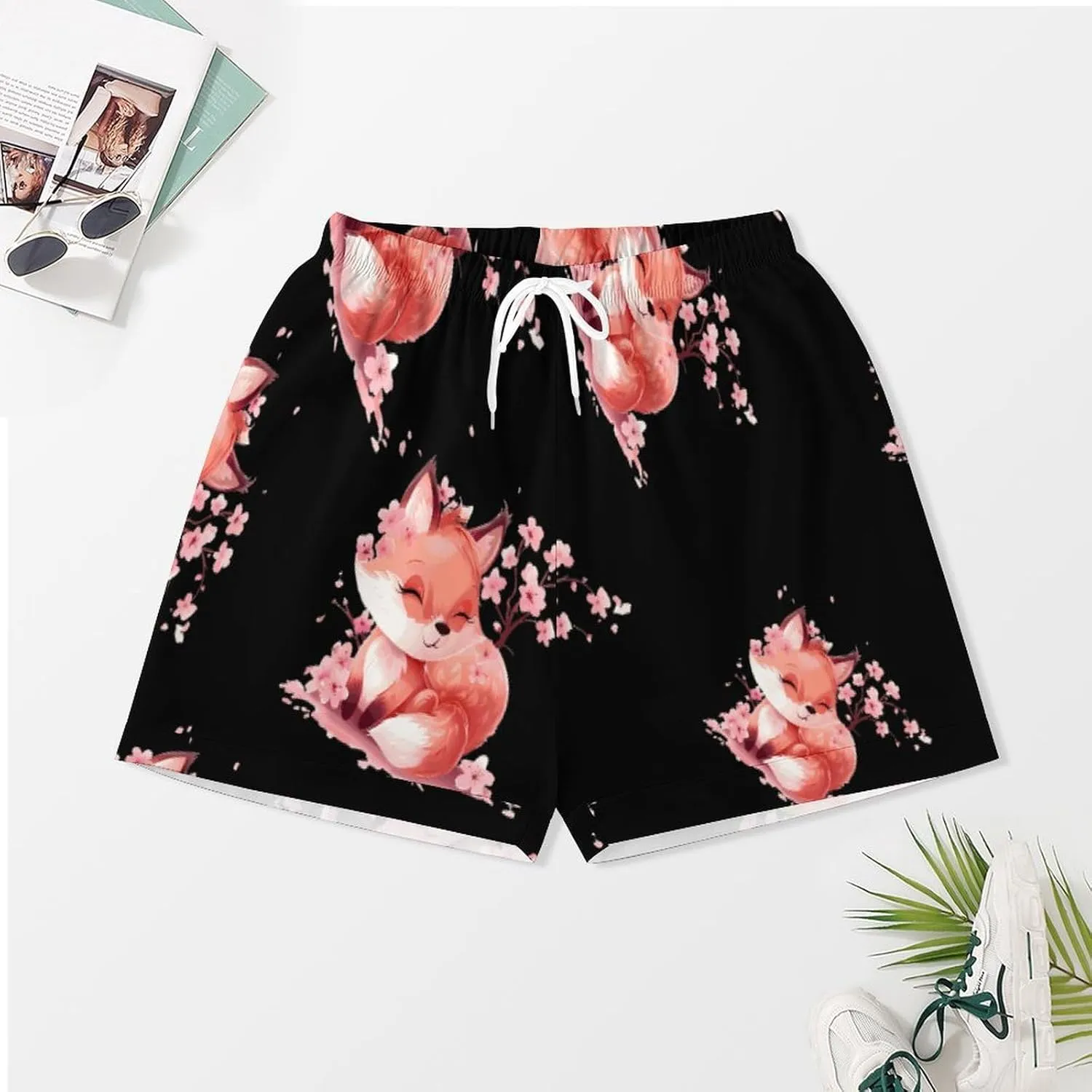 Cherry Flowers Fox Women's Satin Pajama Set Short Sleeve Button Down Sleepwear Loungewear Pj Set