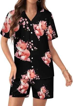 Cherry Flowers Fox Women's Satin Pajama Set Short Sleeve Button Down Sleepwear Loungewear Pj Set
