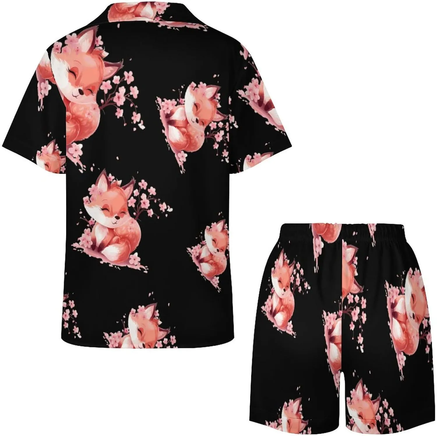Cherry Flowers Fox Women's Satin Pajama Set Short Sleeve Button Down Sleepwear Loungewear Pj Set