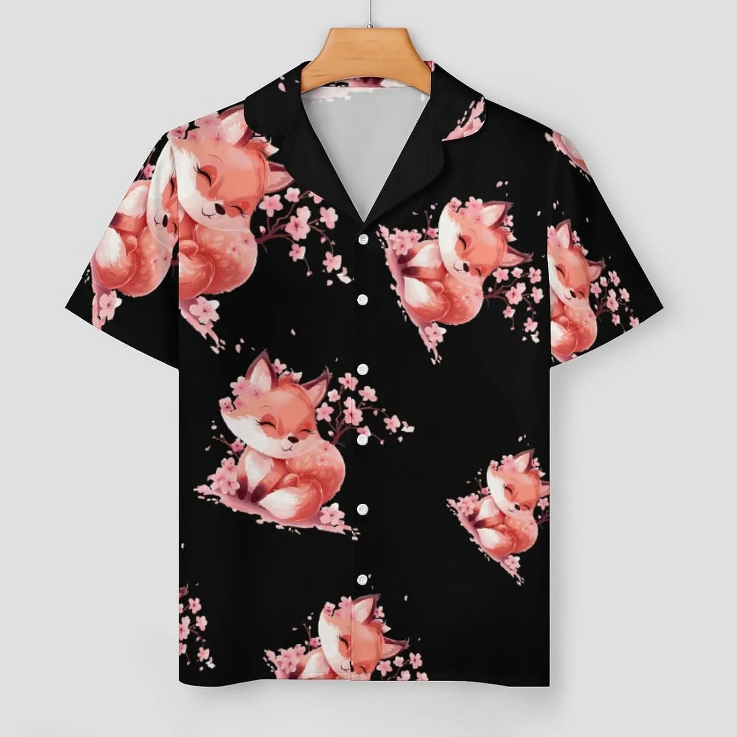 Cherry Flowers Fox Women's Satin Pajama Set Short Sleeve Button Down Sleepwear Loungewear Pj Set