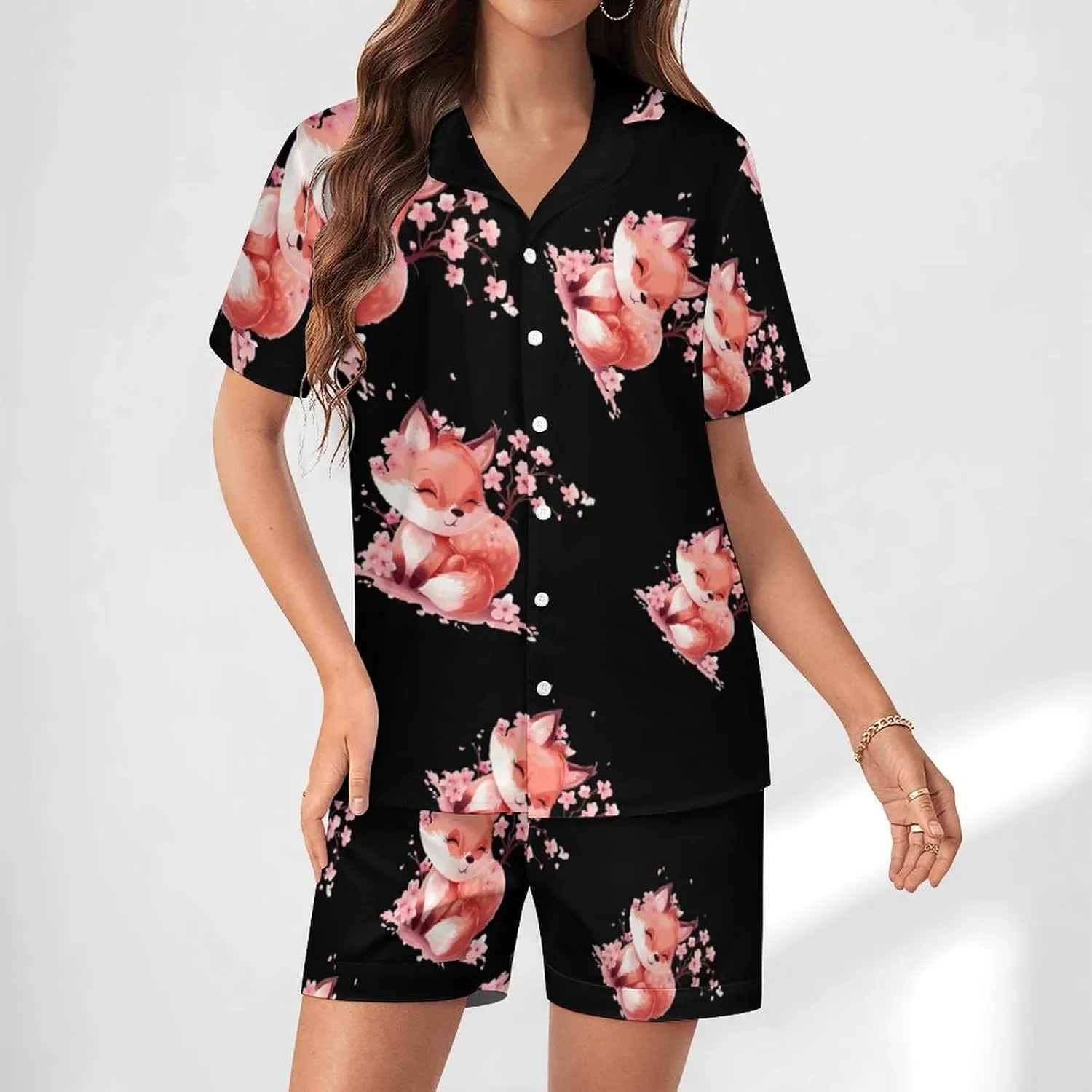 Cherry Flowers Fox Women's Satin Pajama Set Short Sleeve Button Down Sleepwear Loungewear Pj Set