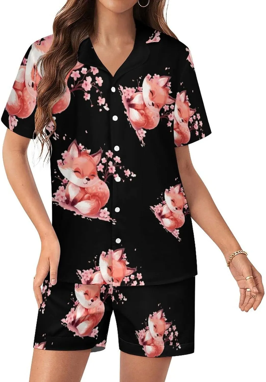 Cherry Flowers Fox Women's Satin Pajama Set Short Sleeve Button Down Sleepwear Loungewear Pj Set