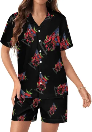Chili King Cool Women's Satin Pajama Set Short Sleeve Button Down Sleepwear Loungewear Pj Set