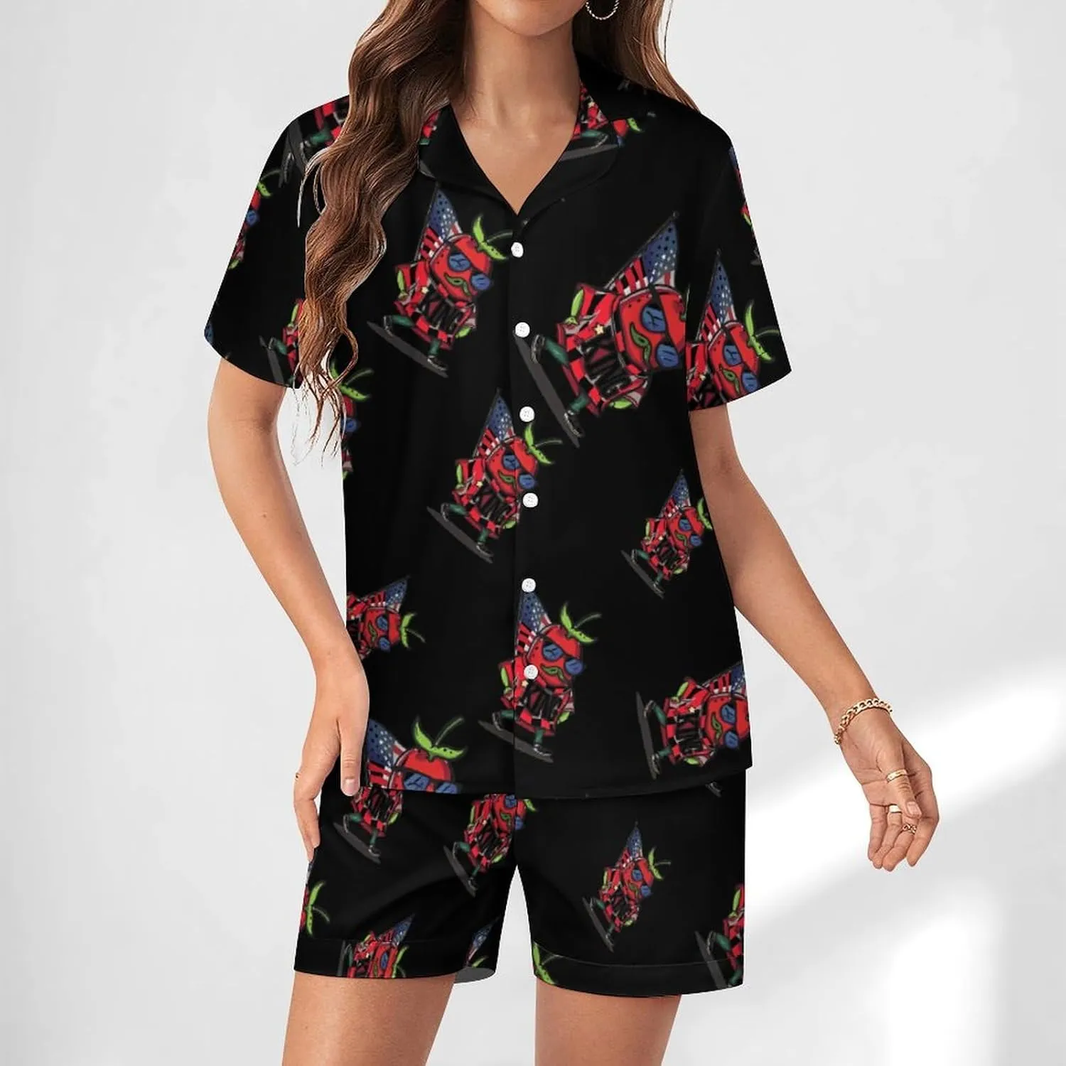 Chili King Cool Women's Satin Pajama Set Short Sleeve Button Down Sleepwear Loungewear Pj Set