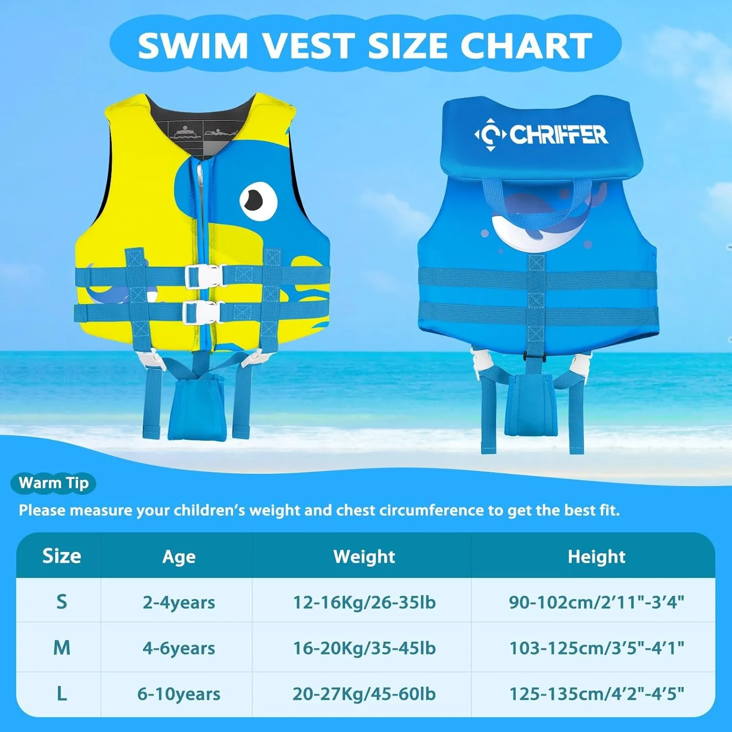 Chriffer Kids Swim Vest for 20-70 Pounds Boys and Girls, Easy On/Off Zipper, Swimming Toddler Floaties Jackets for 2, 3, 4, 5, 6, 7, 8 Years Old/Beach Pool Water Park