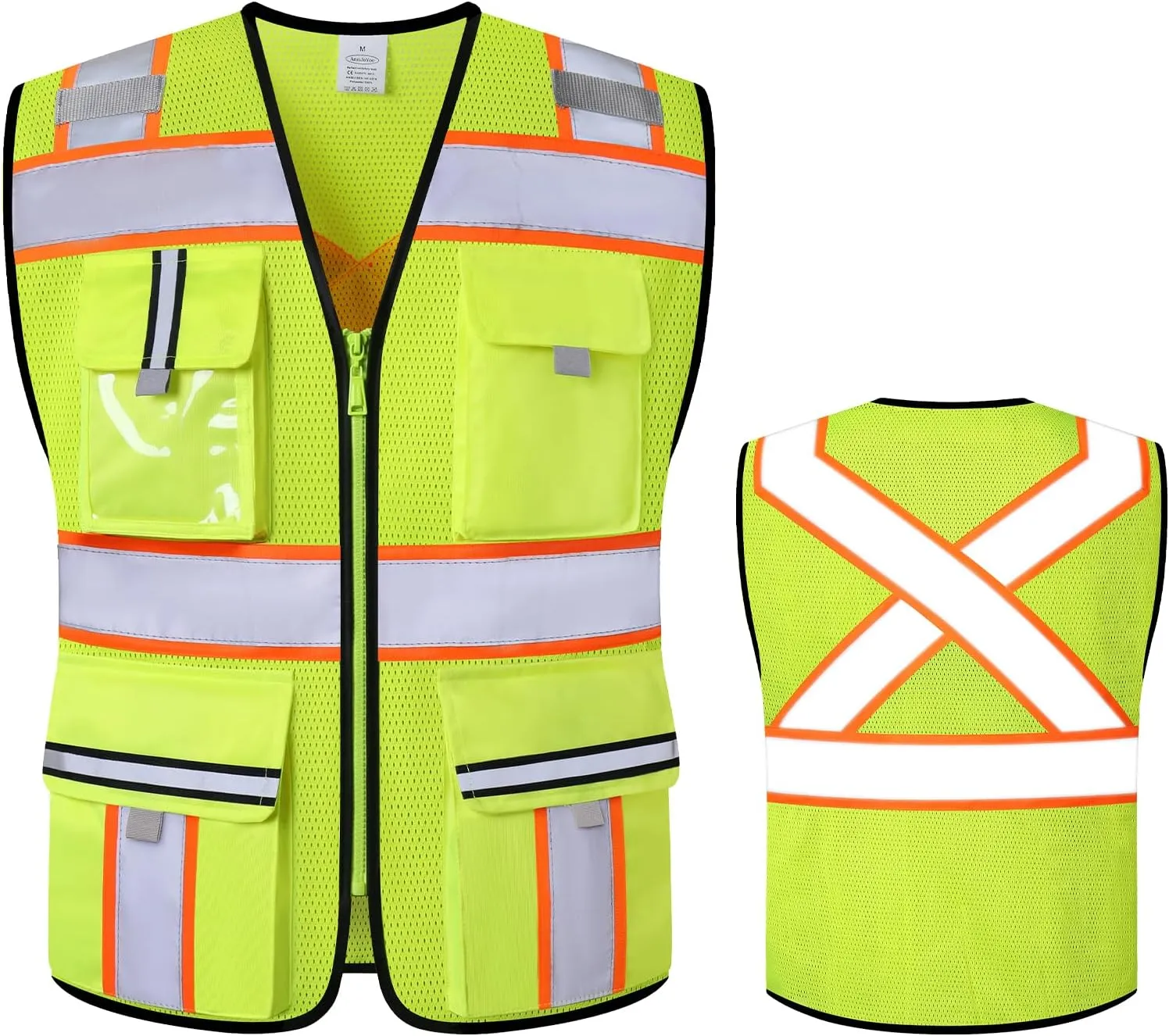 Class 2 High Visibility Vests with Zipper Front and 7 Pockets, Meets ANSI/ISEA Standards