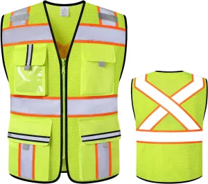 Class 2 High Visibility Vests with Zipper Front and 7 Pockets, Meets ANSI/ISEA Standards