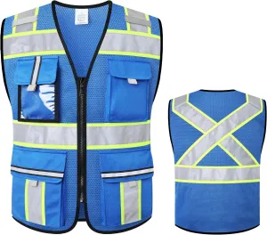Class 2 High Visibility Vests with Zipper Front and 7 Pockets, Meets ANSI/ISEA Standards