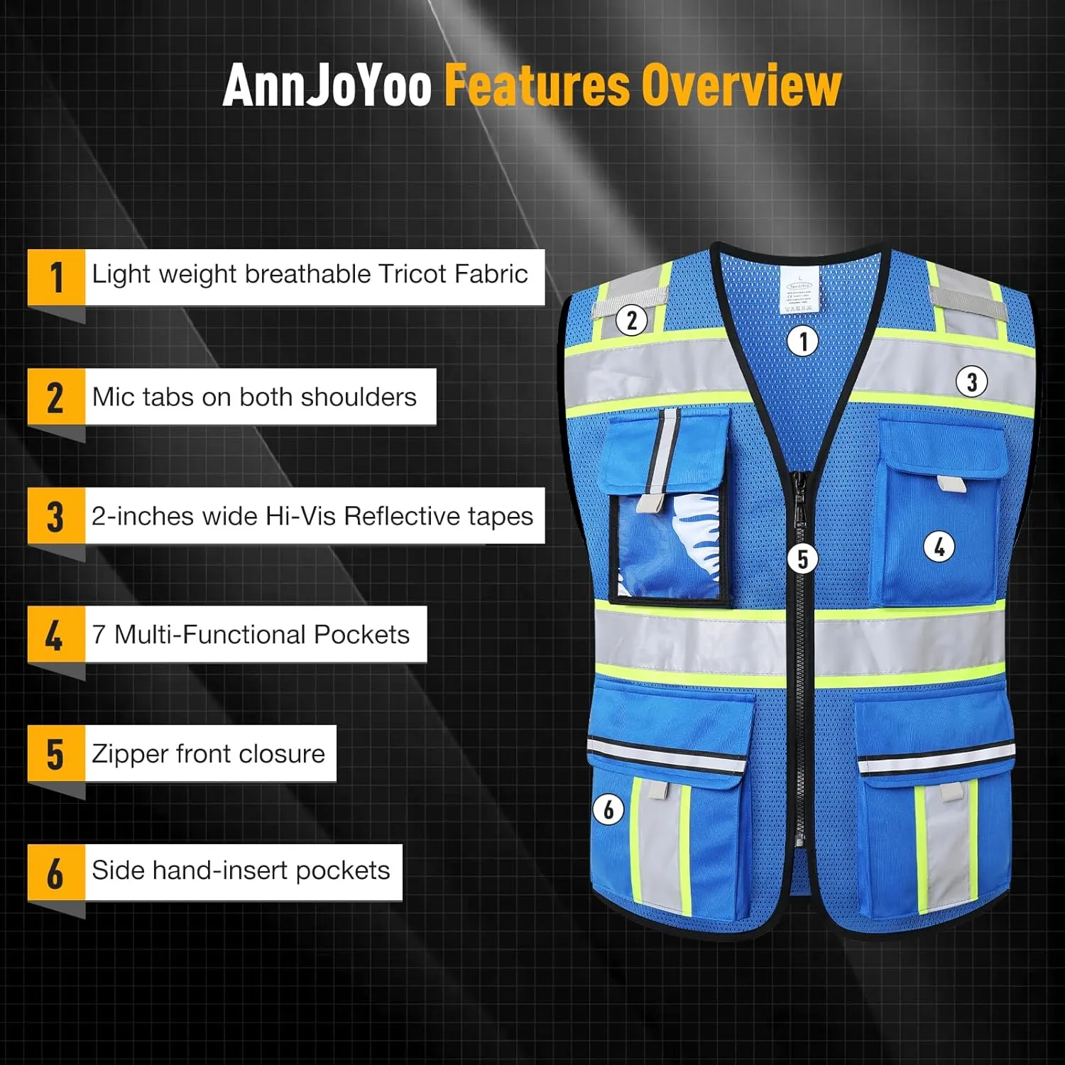 Class 2 High Visibility Vests with Zipper Front and 7 Pockets, Meets ANSI/ISEA Standards