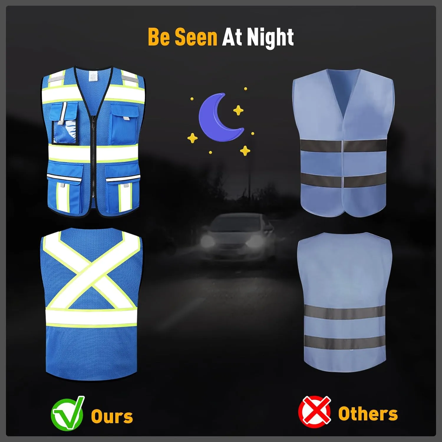 Class 2 High Visibility Vests with Zipper Front and 7 Pockets, Meets ANSI/ISEA Standards
