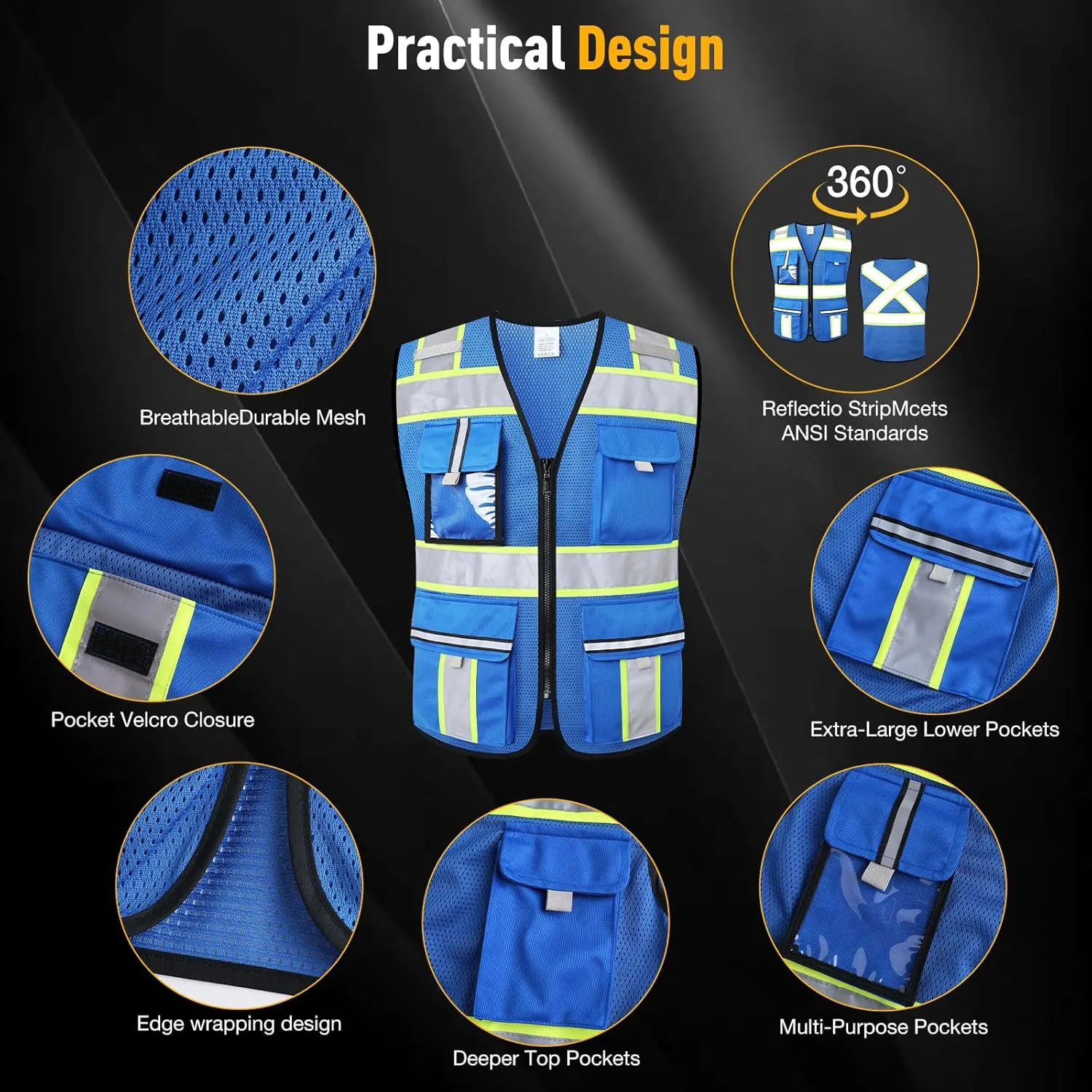 Class 2 High Visibility Vests with Zipper Front and 7 Pockets, Meets ANSI/ISEA Standards