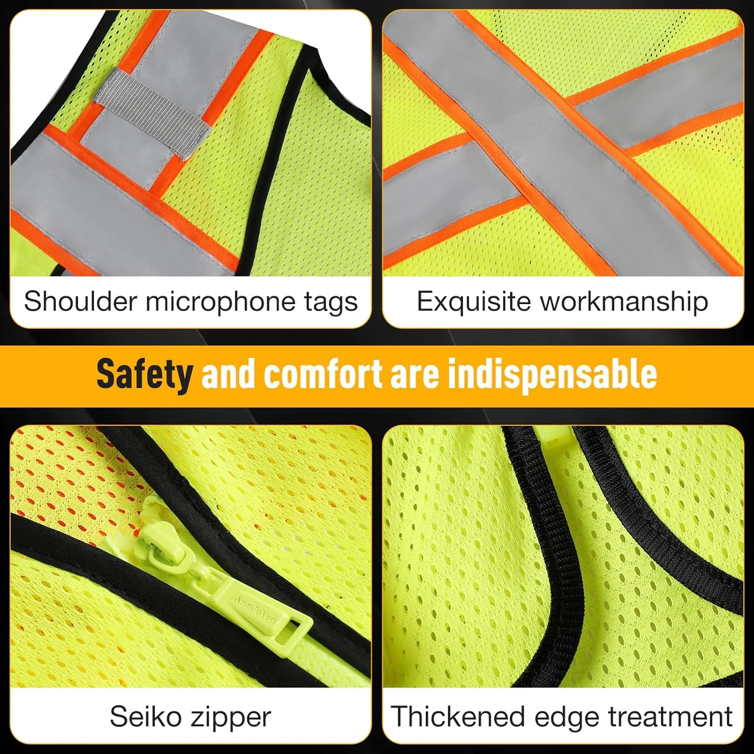 Class 2 High Visibility Vests with Zipper Front and 7 Pockets, Meets ANSI/ISEA Standards